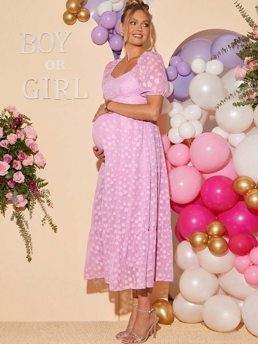 Loomaby Pregnant Women's Sweetheart Collar Ruffle Hem Pink Summer Dress,Gender Reveal Dress,Maternity Dress, Baby Shower Dress - Pink - View 1