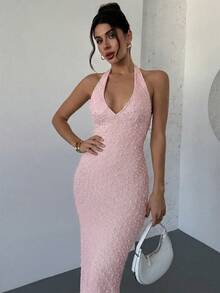 Firerie Elegant Romantic V-Neck Sleeveless Textured Bodycon Maxi Dress, Suitable For Date Nights, Spring/Summer - Baby Pink - View 6