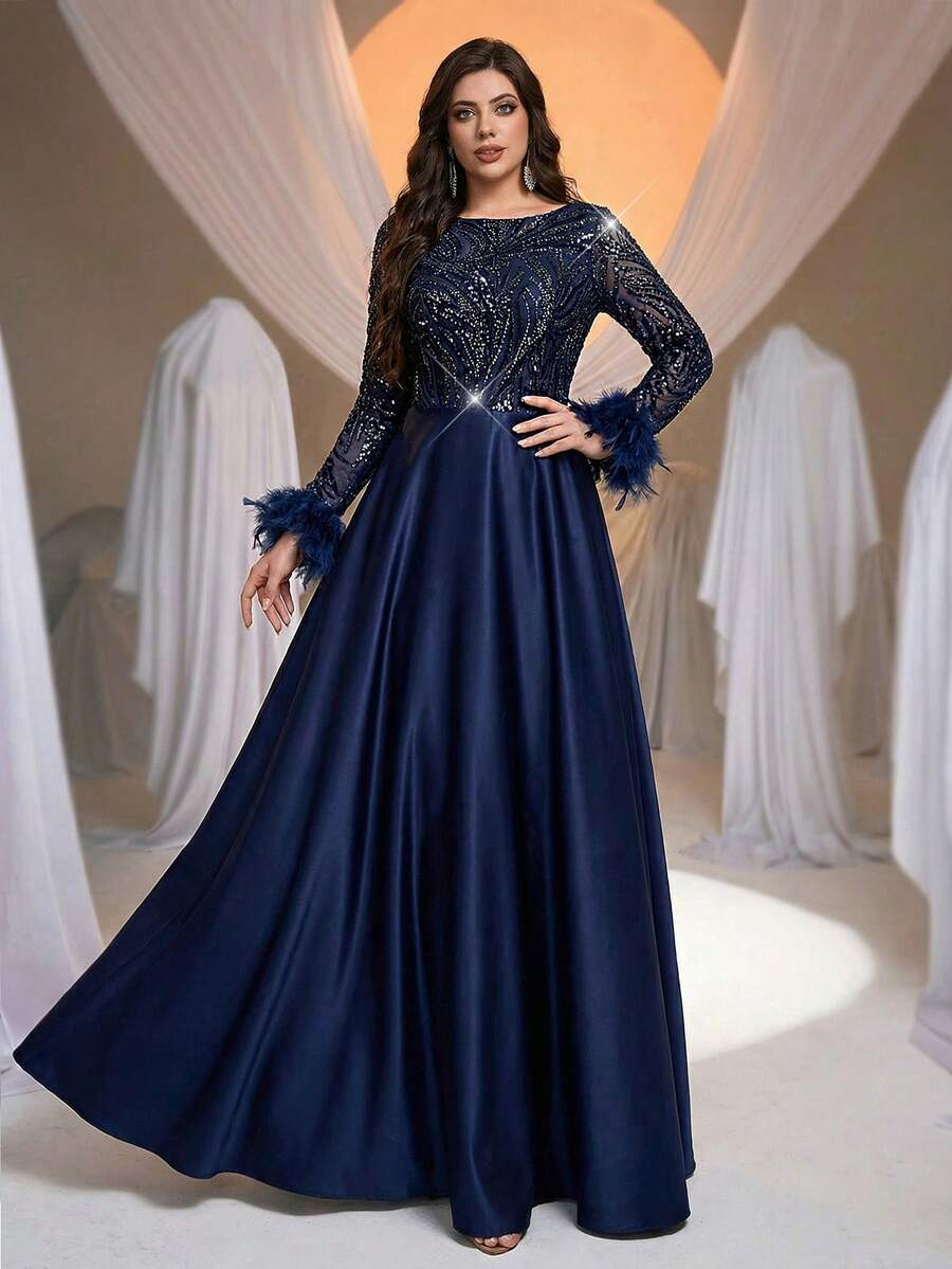 Aureia 大码优雅浪漫船领蓝色奢华亮片拼接婚纱，长袖薄纱袖羽毛拼接大A字裙，适合婚礼、派对、庆典活动、正式场合（重工装饰设计）