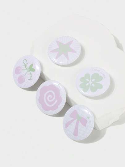 Kawaii 6pcs Anime Badges With Flower, Wings, Music Notes, Polka Dots, And Stars Design