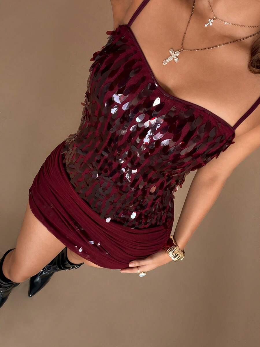 TRNVIE Sequin Strap Bodycon Mini Dress For Women, Spring/Summer Party - Red - View 1