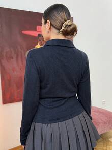 Dazy Plus 时尚弹力修身半开襟 Polo 领紧身长袖短款 T 恤，春秋季 - 藏蓝色 - 查看 6