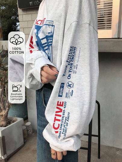 FRIFUL Damgrå rund hals, överdimensionerad bokstavstryck, dekorativ nedsänkt axel, långärmad, lös, avslappnad, mångsidig, höst/vinter