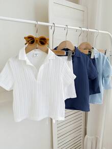 SHEIN LMoss Kids 6件套男童休闲校园风舒适时尚纹理面料短袖衬衫短裤套装，适合日常穿着、运动、郊游、上学、聚会、度假、拍照等场合，春夏皆宜。 - 藏蓝色 - 查看 6