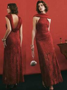 Poéselle 女士花卉蕾丝露背连衣裙，优雅修身 - 酒紅色 - 查看 6