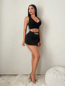 SHEIN SXY Váy ngắn nữ màu trơn, có dây xích kim loại trang trí eo và xẻ tà bên hông. - màu đen - Xem 4