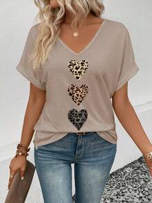 EMERY ROSE Women's New Arrival Spring/Summer Bestselling Ombre Leopard Print Heart Pattern V-Neck Short Sleeve Casual Versatile T-Shirt - Khaki - View 5