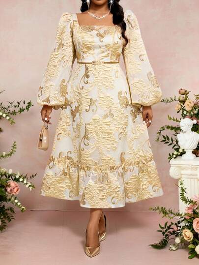 Fleurora New Plus Size Elegant Gold Dress, Autumn Winter Dress Floral Dress For Women Party Dress Luxury Evening Dresses For Women Party Dresses For Women Plus Size Women Floral Jacquard Square Collar Lantern Sleeve Elegant Dress Formal Dresses For Women Elegant Dresses For Women Elegant Dresses For Party New Year Dress Sparkly Dress Floral Dress For Women Party Wear Wedding Guest Outfit Luxury Dress For Women Qpuv8 Dress Outfit Women's New Year's Eve Dresses Elegant Golden Dress Shiny Dress Summer Dress Tea Party Outfit Women Brocade Jacquard Dress Puffy Sleeve Dress Belle Elegant Dress Church Dress For Women French Style Dress