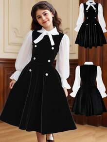 Tween GirlsRhinestone & Sheer Mesh Patchwork Gothic Dress, Suitable For Halloween, Parties, Gatherings, Birthdays - Black and White - View 7