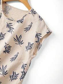 Franclia Women's Botanical Print Crew Neck Casual Tie-Front Shirt - Apricot - View 5