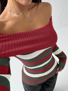 Flirla Women's Off-Shoulder Long Sleeve Fitted Striped Casual Knit Sweater - Red - View 6