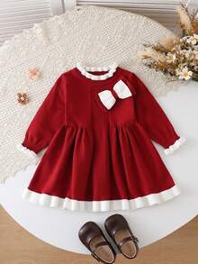 SHEIN Playful Pals 女婴时尚法式针织长袖毛衣连衣裙，秋冬季 - 紅色 - 查看 3