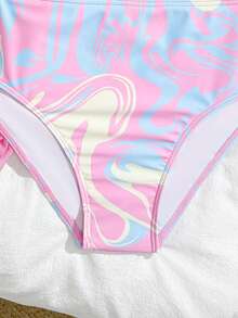 SHEIN Tween Girls 3 PiecesBikini Sets, Pink Criss-Cross Ruffle Print Triangle Bottoms & Skirt Swimsuit, Fashionable & Elegant For Swimming, Vacation, Summer - Pink - View 4