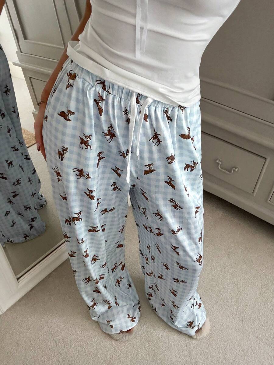 CovetEZ Women's Drawstring Waist Plaid Deer Print Wide Leg Loose Casual Pants - Multicolor - View 1