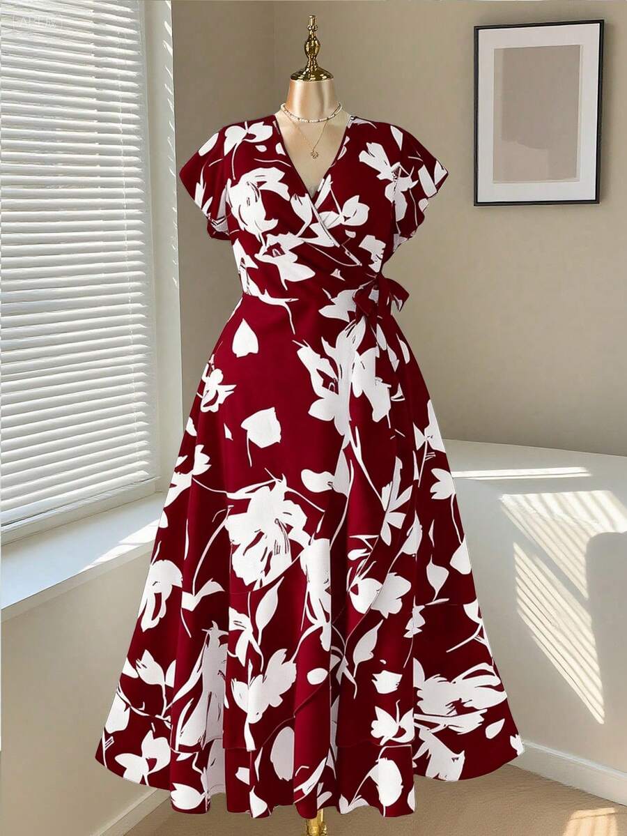 Rometta 大码时尚印花短袖连衣裙，收腰设计，显瘦效果，波西米亚风度假连衣裙，优雅V领收腰连衣裙，优美动人，尽显身材。 - 酒紅色 - 查看 1