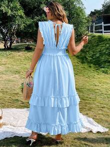 Flirla Gaun Wanita Ukuran Besar Elegan Warna Polos dengan Ruffle dan Tali Pengikat - Biru - View 2