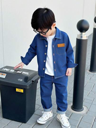 SHEIN Streecool Kids YoungBoys Fashion Casual Long Sleeve Denim Set, Featuring A Simple And Loose Lapel Collar, Brown Embossed Letter Print And Practical Small Pocket Decoration On The Front, Paired With Comfortable Casual Pants, Showcasing Its Simplicity And Elegance. Suitable For Daily Wear, School, Travel And Play In Spring And Autumn Seasons As A Basic Denim Essential