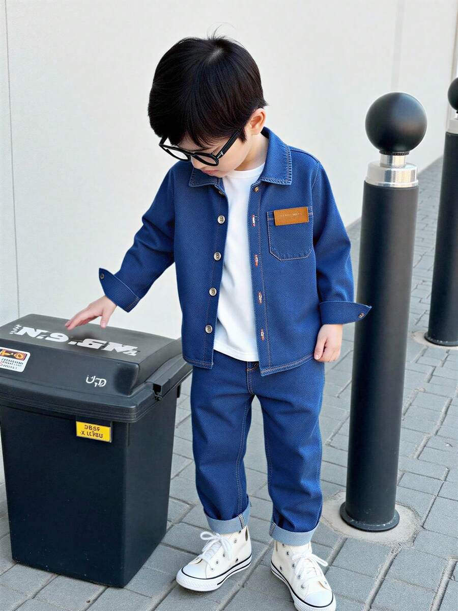 SHEIN Streecool Kids 这款男童时尚休闲长袖牛仔套装,采用简约宽松的翻领设计,正面饰有棕色压纹字母印花和实用小口袋,搭配舒适的休闲裤,尽显简约优雅。适合春秋季日常穿着、上学、旅行和休闲活动,是必备的牛仔单品。 - 深色水洗藍 - 查看 1