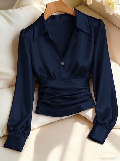 Franclia Women's Solid Color Pleated Button Elegant Fitted Long Sleeve Blouse