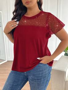 SHEIN Frenchy T-shirt transparent à encolure ronde, empiècement en maille et volants, grande taille - Rouge foncé - Voir 5