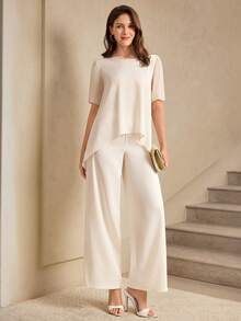 Miaspire Elegant Beige Asymmetrical Two-Piece Set For Women Summer Spring Formal Outfit With Short Sleeve Blouse And Wide Leg Pants, Perfect For Wedding Guest Party Formal Events Going Out - Apricot - View 4