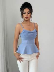 SHEIN PETITE 无袖荷叶领收腰优雅浪漫女士背心 - 霧霾藍 - 查看 5