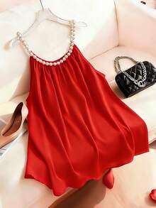 Franclia French-Style Light Luxury Fashion Top, Elegant And Exquisite Tank Top, Fashionable Tank Top With Pearl Chain Collar, Red Tank Top, Summer Tank Top For Women, Summer Wear, Women's Outerwear, Elegant Pearl Tank Top, Versatile Summer Top, Summer Clothing Pearl Strap Top Cute Red Top Red Sleeveless Top Red Summer Top Pearl Chain Top Dress Top - Red - View 2