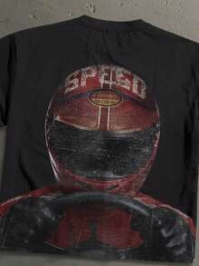 StoneGrade F1赛车头盔印花休闲宽松短袖T恤，男士时尚街头风，适合约会、派对以及送给男友的礼物。 - 深灰色 - 查看 3