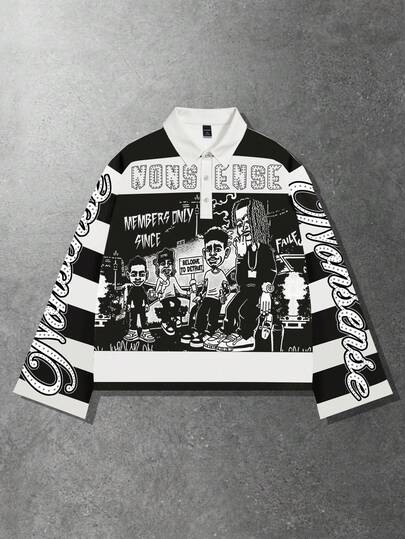 Street Life Maglietta a maniche lunghe con colletto a righe e stampa, stile casual da college per uomo