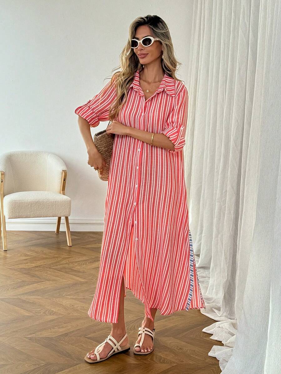SHEIN LUNE 女士休闲条纹长袖开衩中长连衣裙，适合日常穿着、外出和度假，春夏款 - 紅白色 - 查看 1