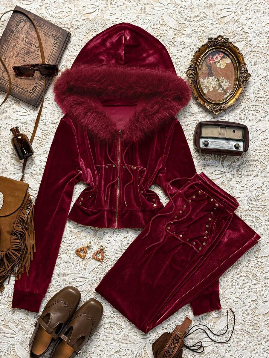 Easelle 复古游牧风短款天鹅绒铆钉毛皮饰边帽子，舒适性感个性化女士套装 - 酒紅色 - 查看 1