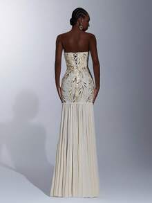 Elitara Đầm Maxi xẻ tà cao cổ chữ V, lưng thấp, lưới trong suốt, trang trí ngọc trai sang trọng màu mơ thanh lịch, thích hợp cho tiệc tùng, bãi biển, trở lại trường, hẹn hò, đám cưới, sinh nhật, tốt nghiệp, trà chiều, xuân/hè - Màu be - Xem 3