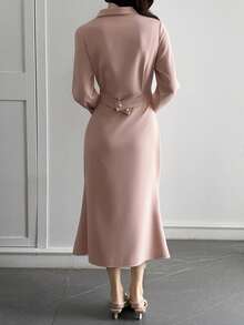 DAZY Elegant French Style Cinched Waist Mid-Length Dress For Women - Baby Pink - View 2