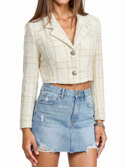 Glamine Elegant tweedkavaj med slagkrage och enkelknäppt jacka för kvinnor