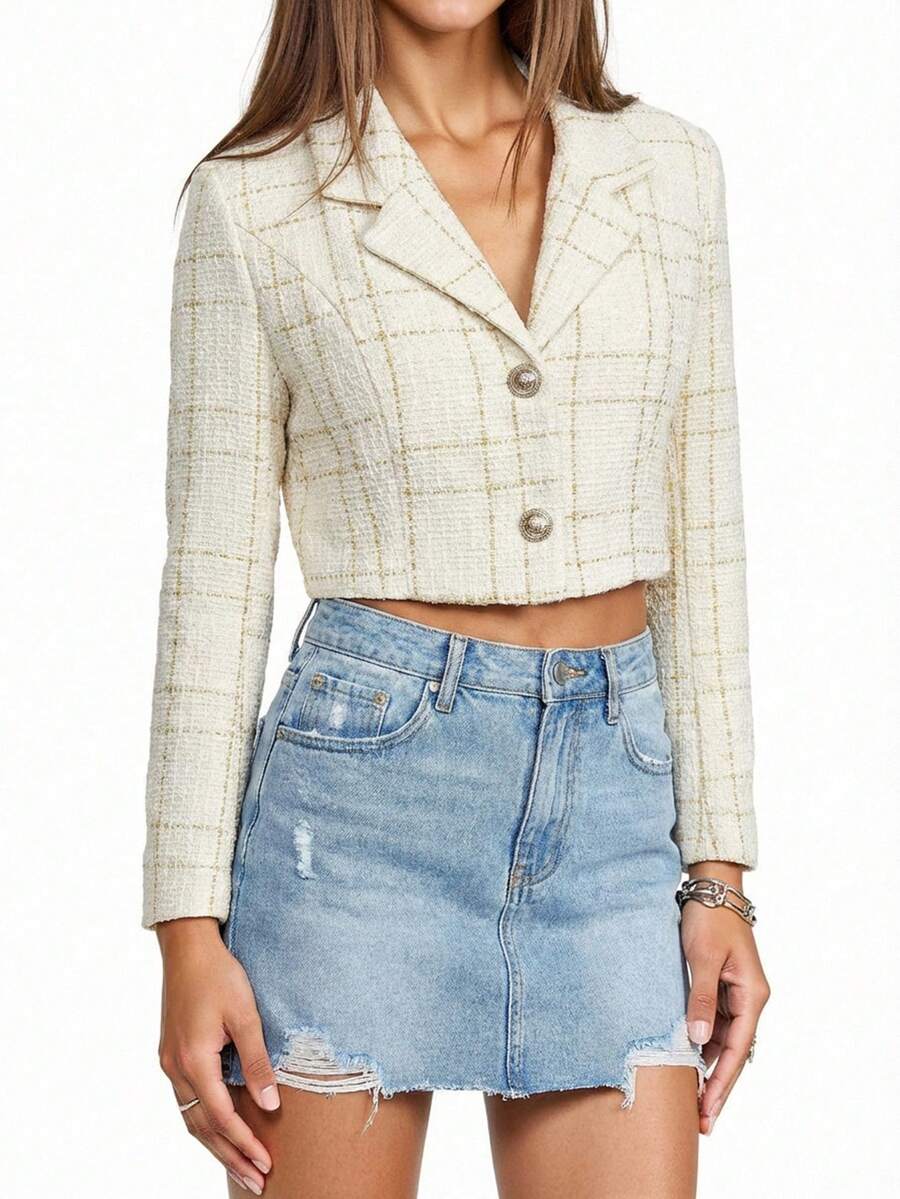 Glamine Women's Elegant Tweed Lapel NeckSingle-Breasted Cropped Jacket - Apricot - View 1