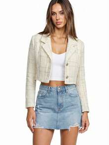 Glamine Women's Elegant Tweed Lapel NeckSingle-Breasted Cropped Jacket - Apricot - View 3
