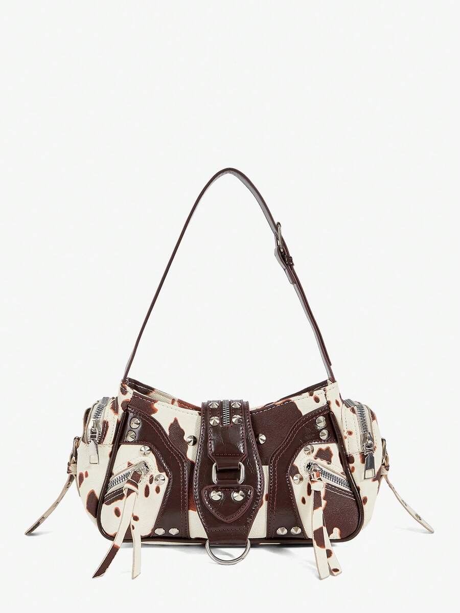 Viva Strut Ladies, Women Shoulder Bag, Hobo Bag, Fashionable, Personalized, Simple, Versatile, Street, Sweet And Cool Girls, Hot Girls, Y2k, Rivets, Biker Style, Punk, Teenagers - cow pattern - View 1