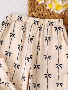 SHEIN LMoss Kids 2件套少女编织蝴蝶结装饰休闲吊带背心和裤子套装 - 黑與白 - 查看 9