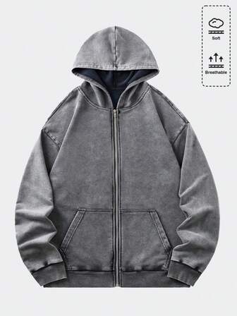 Casual Herren Vintage Washed Loose Fit Sweatshirt Jacke mit Metall-Reißverschluss (verstärkte Kragen, Saum, Schulternähte zur Verhinderung von Deformation)