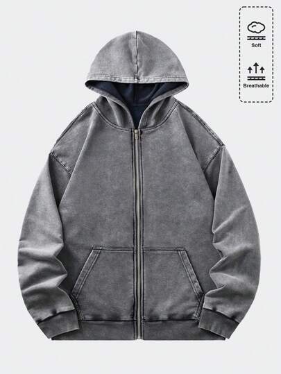 Casual Chaqueta con capucha de sudadera vintage lavada y holgada para hombre (con refuerzo en el cuello, el bajo y las costuras de los hombros para evitar la deformación) con cremallera de metal