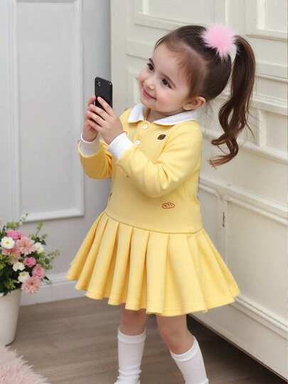 SHEIN Playful Pals Infant/Baby GirlPink Bear Print Long Sleeve Collar Dress, Sweet & Fashionable, Comfortable For Everyday Wear, Spring/Autumn