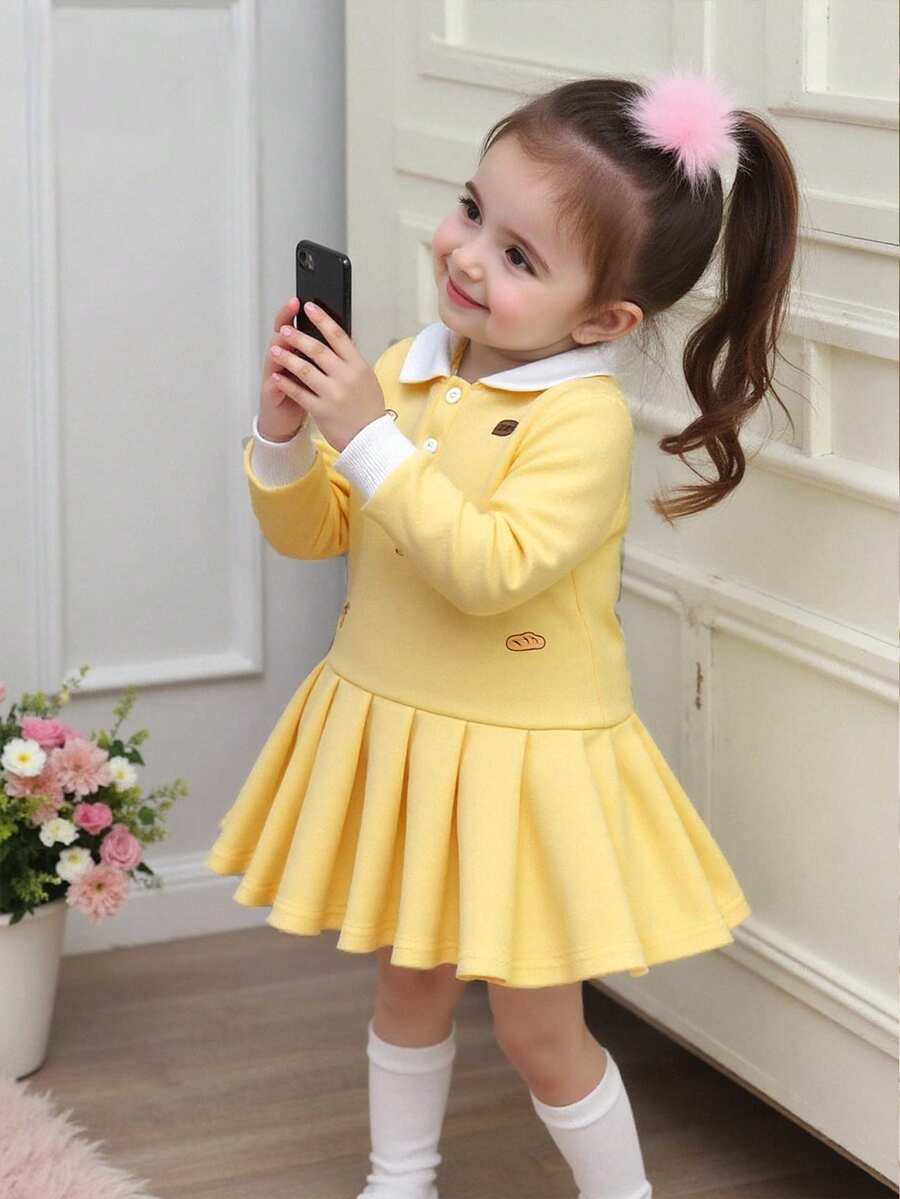 SHEIN Playful Pals 女婴粉色小熊印花长袖翻领连衣裙,甜美时尚,舒适百搭,适合日常穿着,春秋季 - 黃色 - 查看 1