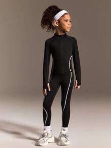 SHEIN Conjunto de chaqueta y mallas activas para niñas jóvenes, diseño de bloques de color negro, las líneas curvas favorecen la figura, tela cómoda y de alta elasticidad, adecuado para correr, yoga, tenis, bádminton y otros deportes - Negro - Ver 4