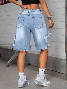 SHEIN ICON Embroidered Star Washed Low-Waist Women Denim Shorts - Light Wash - View 2