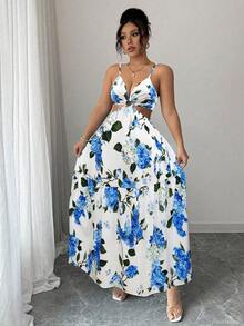 SHEIN Elenzya 大码女式白色底蓝色刺绣花卉深V领无袖收腰镂空设计宽松层叠下摆长裙，浪漫优雅，适合日常穿着，夏季新款女装连衣裙，平价女装，畅销连衣裙，女士长款休闲连衣裙 - 彩色 - 查看 5