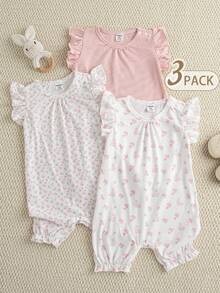 Souflis Souflis French New Style Baby Girl 3 Pieces Set Summer Romper Shorts, Cute Rabbit Pattern, Ruffled Sleeves & Hem, Casual Everyday Wear - Multicolor - View 1