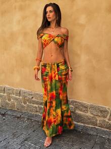 SHEIN BAE 全印花扭结露肩上衣和褶皱半裙度假套装，优雅，夏季，春假服装，情人节，狂欢节，女士沙滩装，海滩，度假，夏季假日服装，外出，沙滩裙，花朵，2026 新品，适合海滩度假、约会、休闲穿着和假日。 - 橘色 - 查看 4