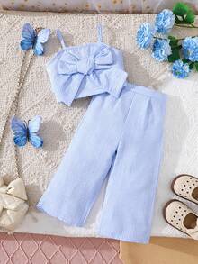 SHEIN مجموعة بنطلون كاجوال منسوج وكامسول مزخرف بالزهور لطفلة، طقم ملابس مريح للحفلات والخروجات قطعتان - الأزرق - مشاهدة 1