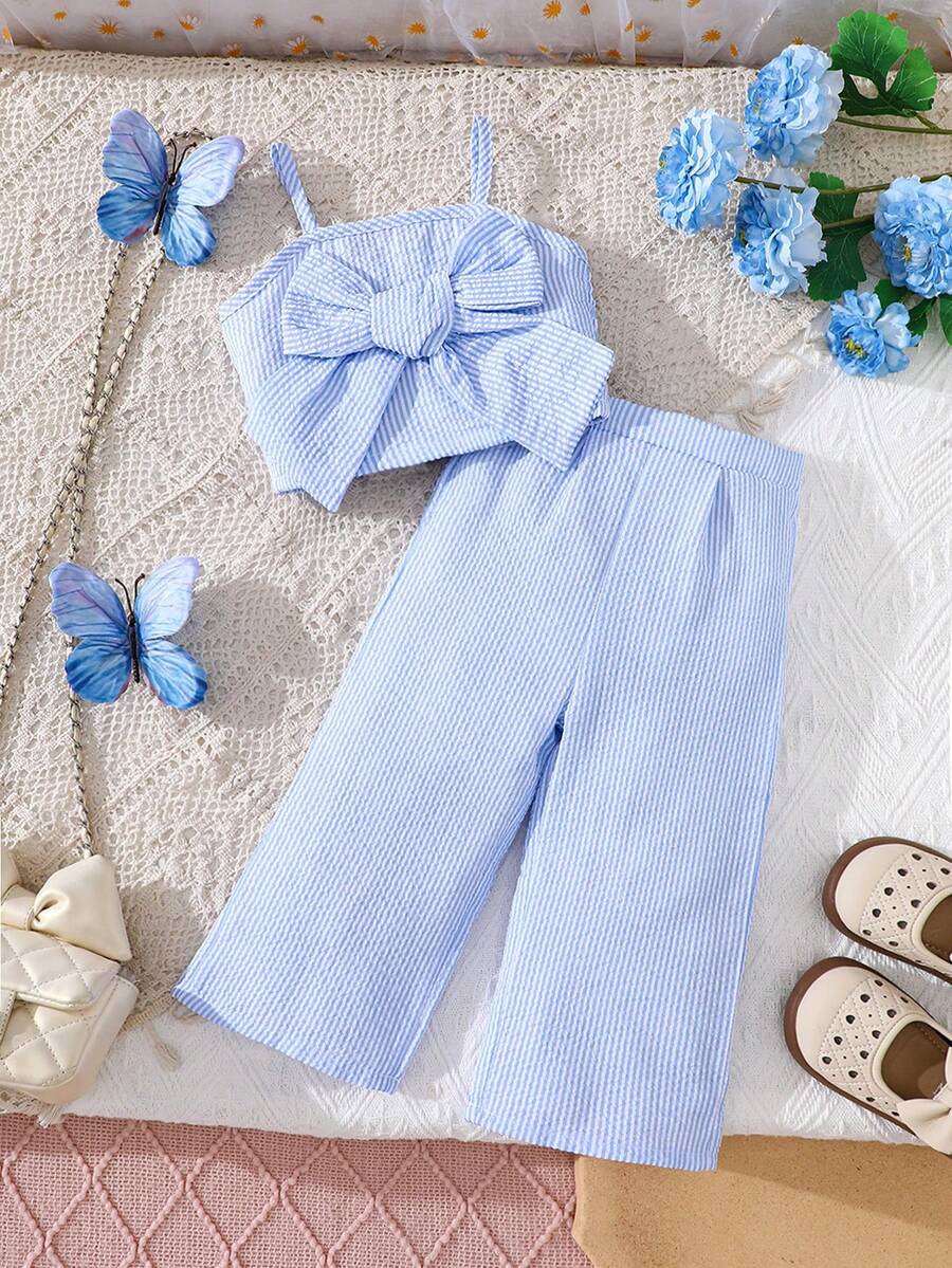 SHEIN مجموعة بنطلون كاجوال منسوج وكامسول مزخرف بالزهور لطفلة، طقم ملابس مريح للحفلات والخروجات قطعتان - الأزرق - مشاهدة 1