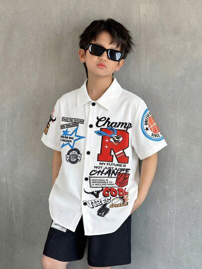 SHEIN Tween Boy Casual Loose Street Style Letter Print Polo Collar Short Sleeve Shirt, Suitable For Commuting, School, Daily Casual Wear, Sports, Spring/Summer Y2k Vacation Goth Gothic Streetwear Sumwon Burgundy Holiday Vintage Boho Festival Mardi Gras Party Cute Birthday Boys Modest Home Casual Cozy